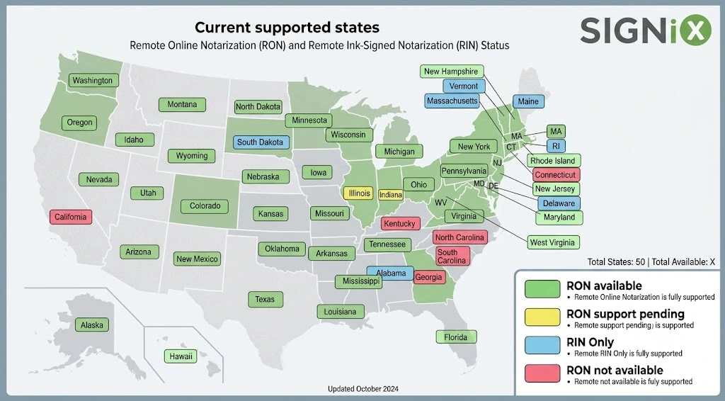 Map of US states supporting Remote Online Notarization